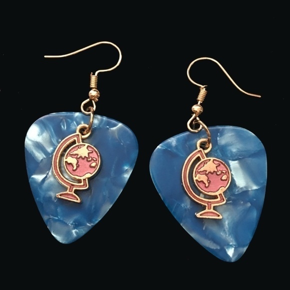 HAND Crafted Drop Earrings Globe on Repurposed Pearlized Guitar Picks - Picture 1 of 6